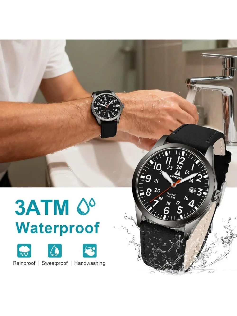 Mens Black Analog Quartz Expansion Band Easy Reader Waterproof Round Wrist Watch